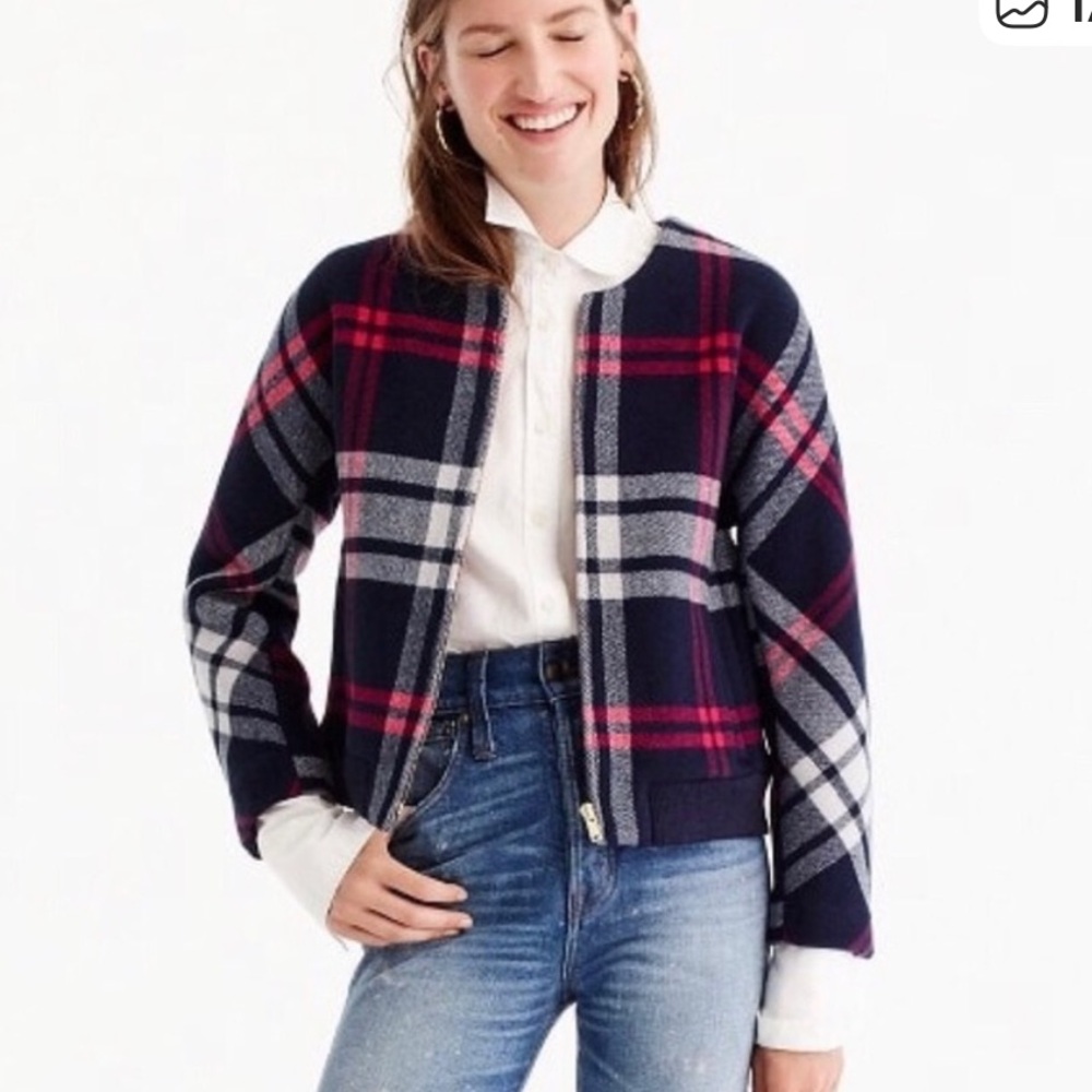 J. Crew Navy Plaid Wool Bomber Jacket with Pink Accents